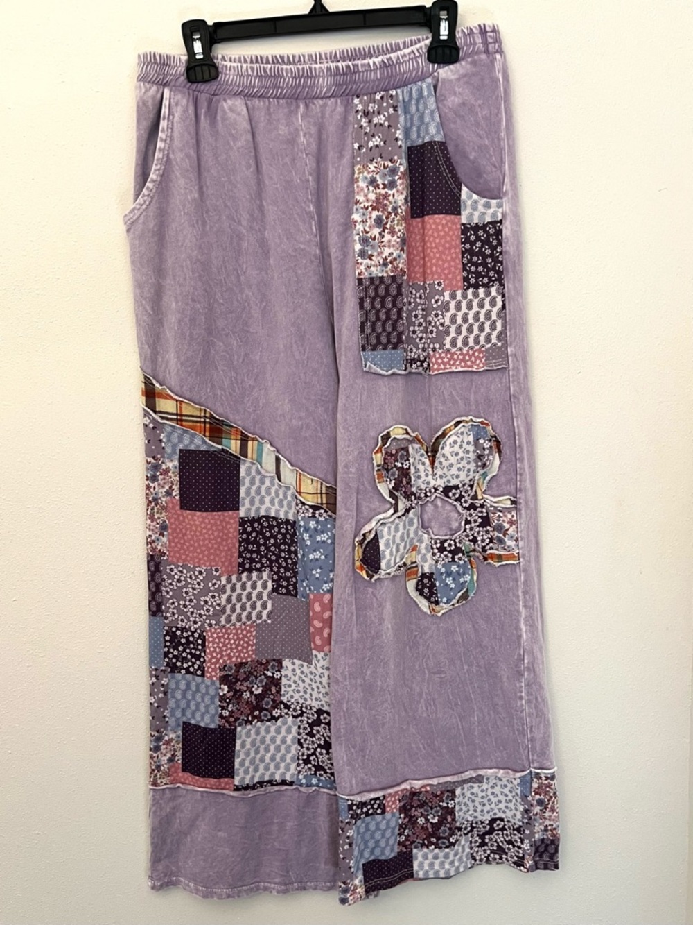 J Her Lavender Patchwork Wide-Leg mineral washed Casual Pants